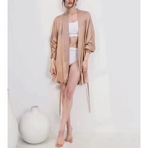 Lunya Washable Silk Nude Tan Long Sleeve Short Robe With Pockets, XS S EUC